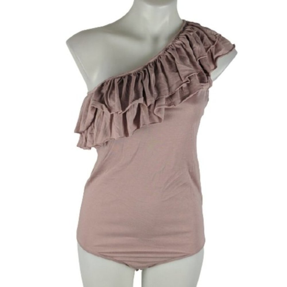Temt Womens Bodysuit Size Large Dusty Pink One Shoulder Ruffle